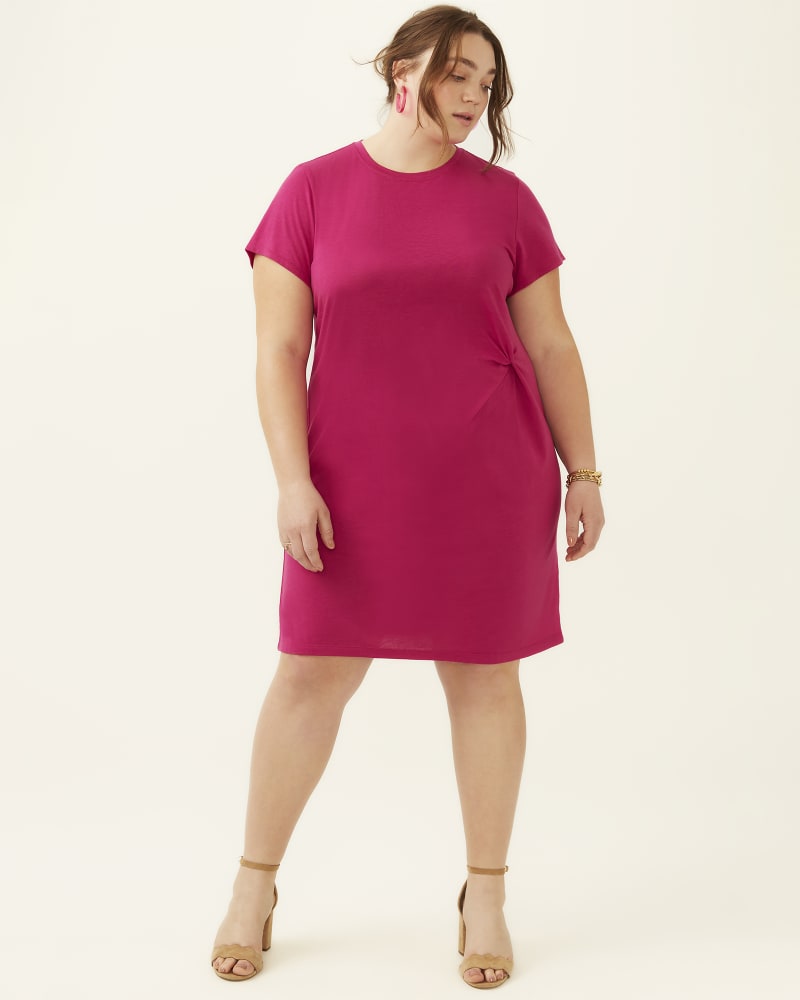 Front of a model wearing a plus size Fay Side Tuck T-Shirt Dress in Magenta by Marc NY. | dia_product_style_image_id:274223